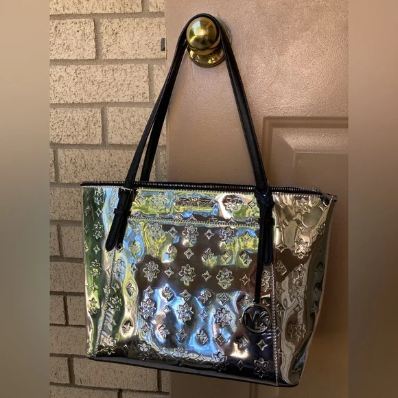 Michael Kors Metallic Silver Monogram Mirror Zipper Top Ciara Tote Bag Purse - Picture 8 of 17